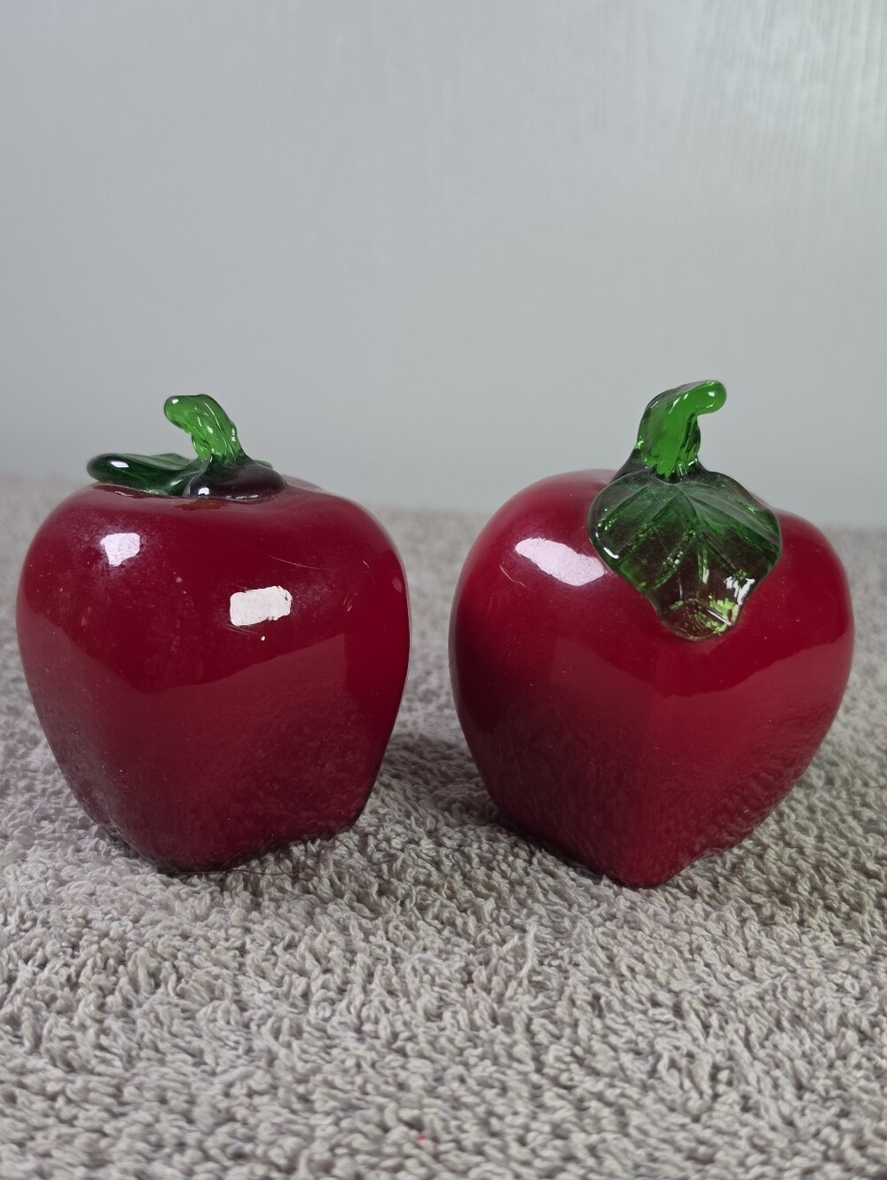 Red Hand- Blown Glass Apple Figurines with Green Stems (Pair)